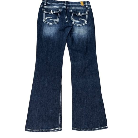 Maurice’s Women’s 11/12 Long Dark Flare Low-Rise Faded Blue Denim Jeans - Picture 3 of 12